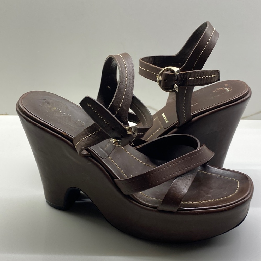 Prada brown leather wedged high heel sandals